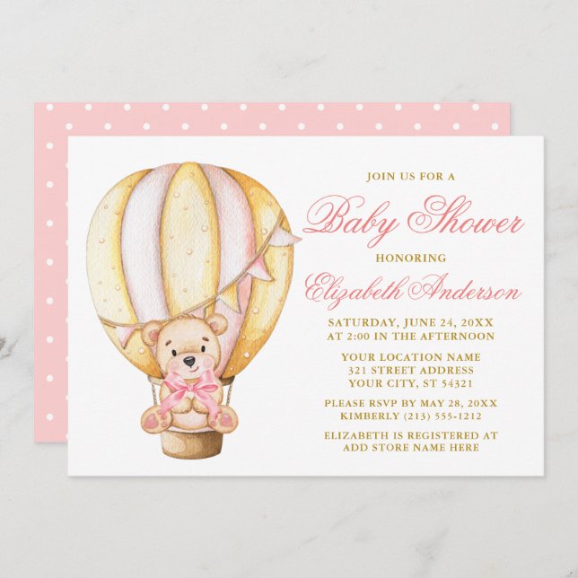 Invitación Teddy Bear Pink Bow Air Balloon Dots Baby Shower (Anverso / Reverso)