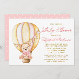 Invitación Teddy Bear Pink Bow Air Balloon Dots Baby Shower