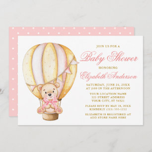 Invitación Teddy Bear Pink Bow Air Balloon Dots Baby Shower
