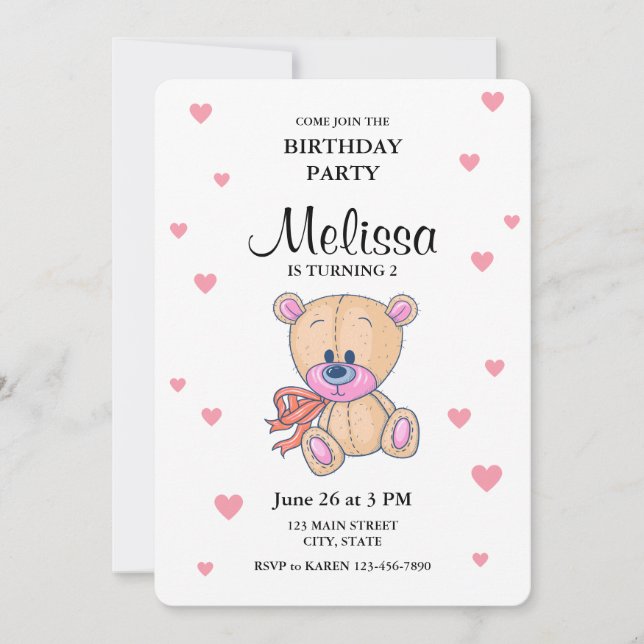 Invitación Teddy Bear Pink Little Girl Birday Party (Anverso)