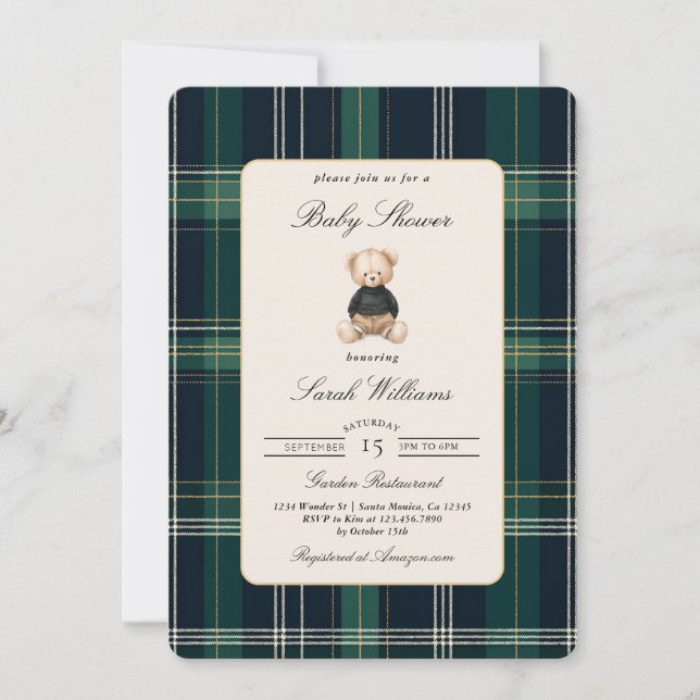 Invitación Teddy Bear Plaid Elegant Baby Shower Boy (Anverso)