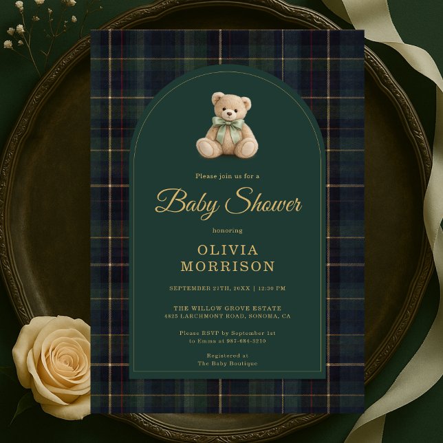 Invitación Teddy Bear Plaid Green Blue Tartan Baby Shower (Subido por el creador)
