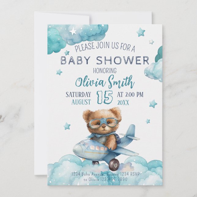 Invitación Teddy Bear Plane Bearly Wait Baby Shower (Anverso)