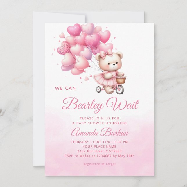 Invitación Teddy Bear podemos esperar a la bebé chica ducha (Anverso)