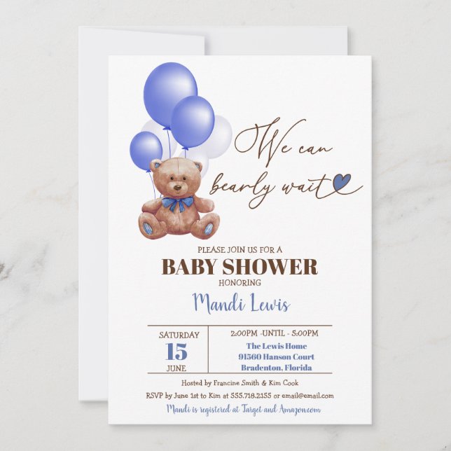 Invitación Teddy Bear Podemos Esperar A Un Niño Baby Shower I (Anverso)