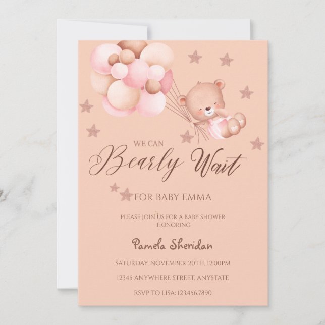 Invitación Teddy Bear Podemos Esperar Al Chica Baby Shower In (Anverso)