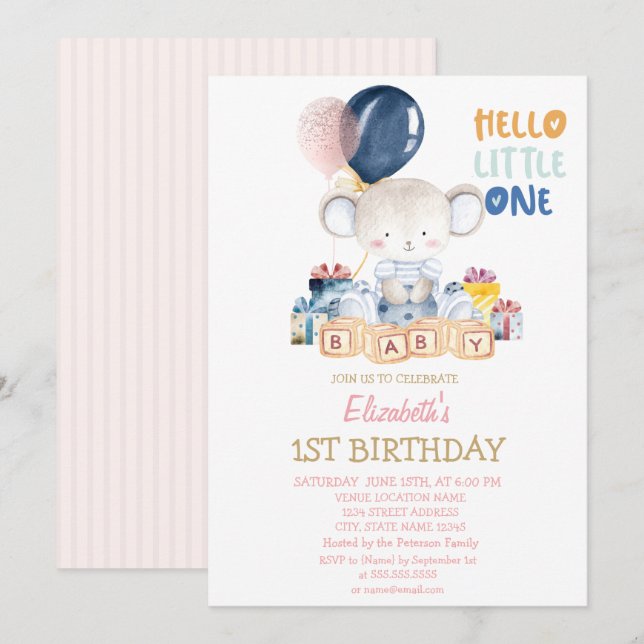 Invitación Teddy Bear, Presenta Hola Pequeña Un Cumpleaños (Anverso / Reverso)