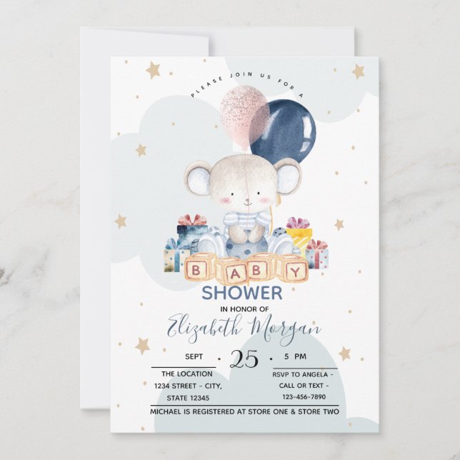 Invitación Teddy Bear presenta nubes Baby Shower (Anverso)