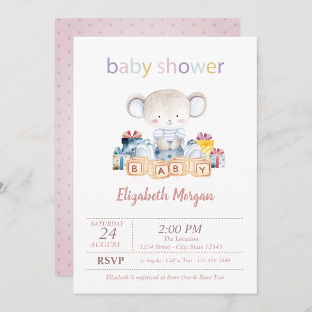 Invitación Teddy Bear presenta puntos Baby Shower (Anverso / Reverso)