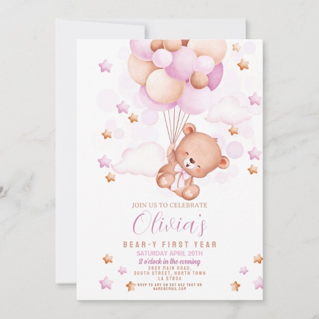 Invitación Teddy Bear Primer cumpleaños de los primeros Chica (Anverso)