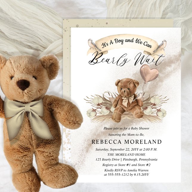Invitación Teddy Bear Puede Esperar A Greige Boy Baby Shower (Subido por el creador)