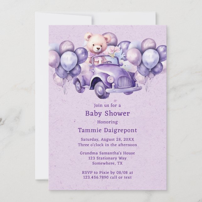 Invitación Teddy Bear Purple Balloons Chica de coches Baby Sh (Anverso)