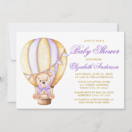 Invitación Teddy Bear Purple Bow Air Balloon Dots Baby Shower