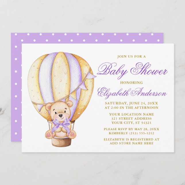 Invitación Teddy Bear Purple Bow Air Balloon Dots Baby Shower (Anverso / Reverso)