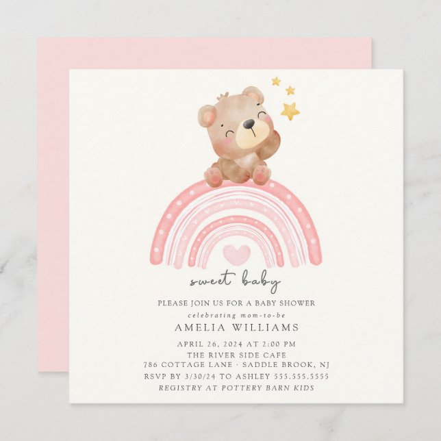 Invitación Teddy Bear Rainbow Baby Shower (Anverso / Reverso)