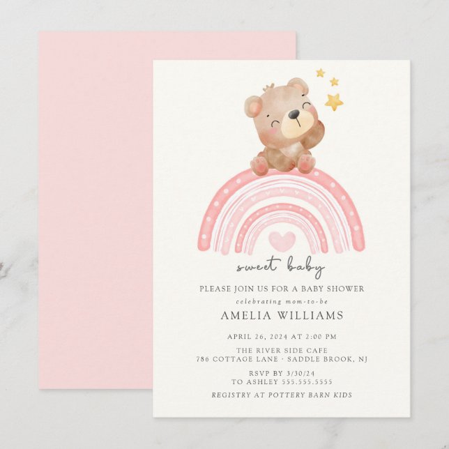 Invitación Teddy Bear Rainbow Baby Shower (Anverso / Reverso)