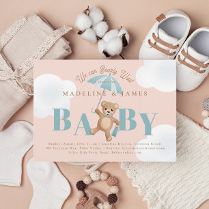 Invitación Teddy Bear rosa y azul Bearly Wait Baby Shower