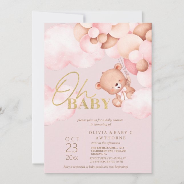 Invitación Teddy Bear Rubor Globos rosas Bebé Chica Ducha (Anverso)