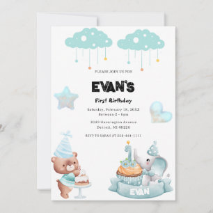Invitación Teddy Bear Sage Bue Beary Primer Cumpleaños