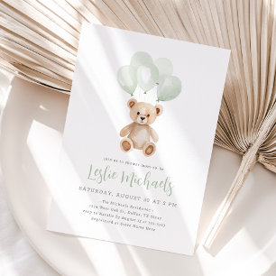 Invitación Teddy Bear Sage Green Balloon Bebé ducha
