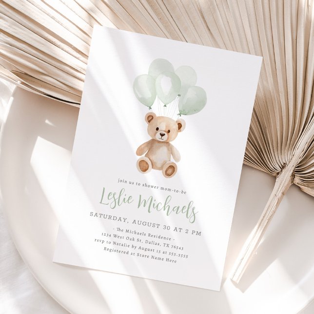 Invitación Teddy Bear Sage Green Balloon Bebé ducha (Subido por el creador)