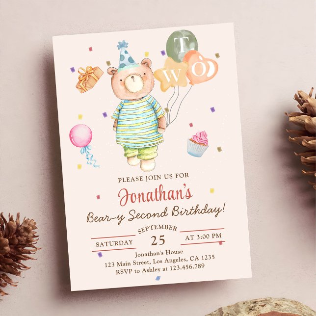 Invitación Teddy Bear Sage Green Beary Segundo Cumpleaños (Subido por el creador)
