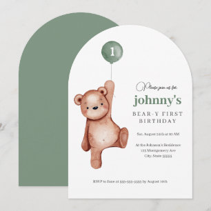 Invitación Teddy Bear Sage Green First Birday Party