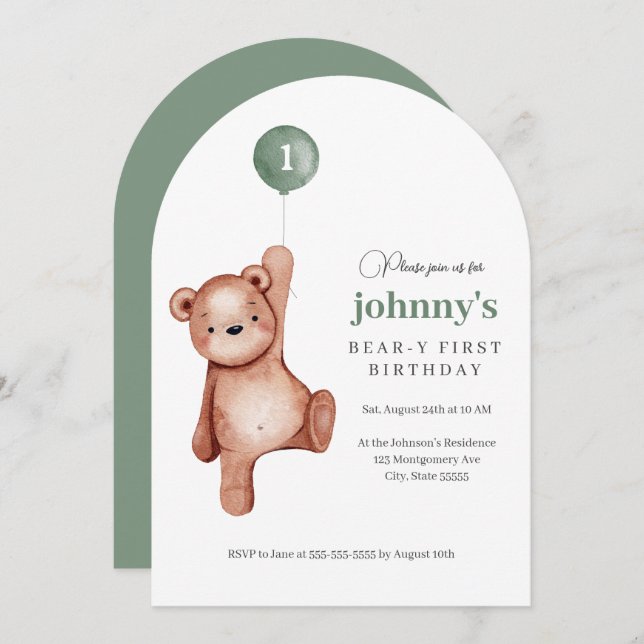 Invitación Teddy Bear Sage Green First Birday Party (Anverso / Reverso)