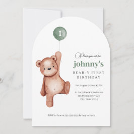 Invitación Teddy Bear Sage Green First Birday Party