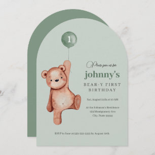 Invitación Teddy Bear Sage Green First Birday Party