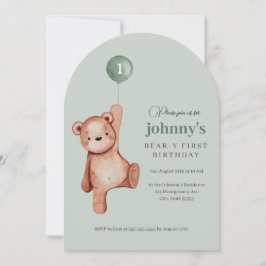 Invitación Teddy Bear Sage Green First Birday Party