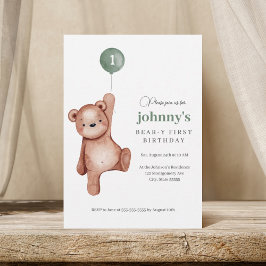 Invitación Teddy Bear Sage Green First Birday Party