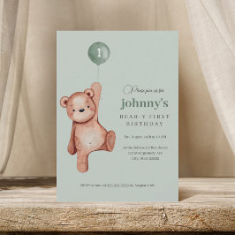 Invitación Teddy Bear Sage Green First Birday Party