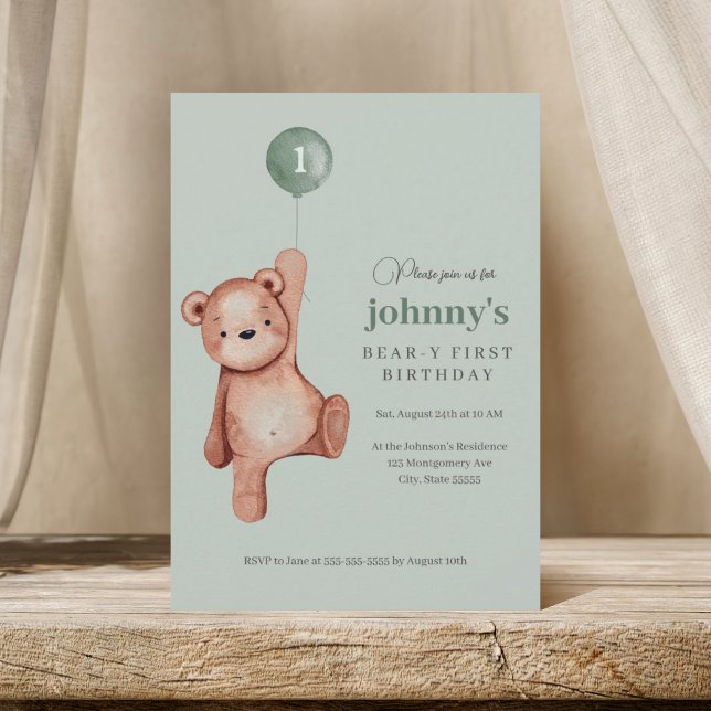 Invitación Teddy Bear Sage Green First Birday Party (Subido por el creador)