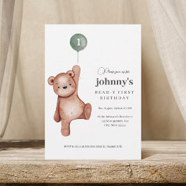 Invitación Teddy Bear Sage Green First Birday Party