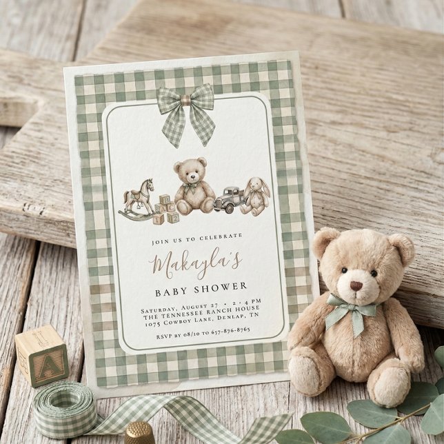 Invitación Teddy Bear Sage Green Gingham Bow Baby Shower (Subido por el creador)
