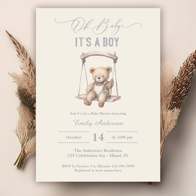 Invitación Teddy Bear Script Boho Baby Shower Boy (Subido por el creador)