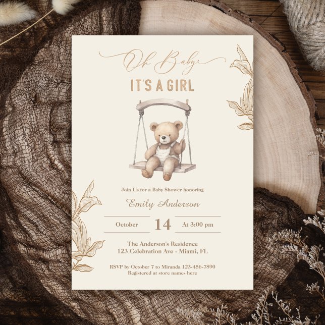 Invitación Teddy Bear Script Boho Baby Shower Chica (Subido por el creador)