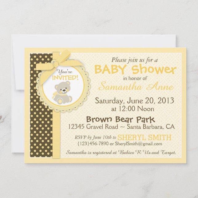 Invitación Teddy Bear Sexo Bebé Neutral Baby Shower (Reverso)