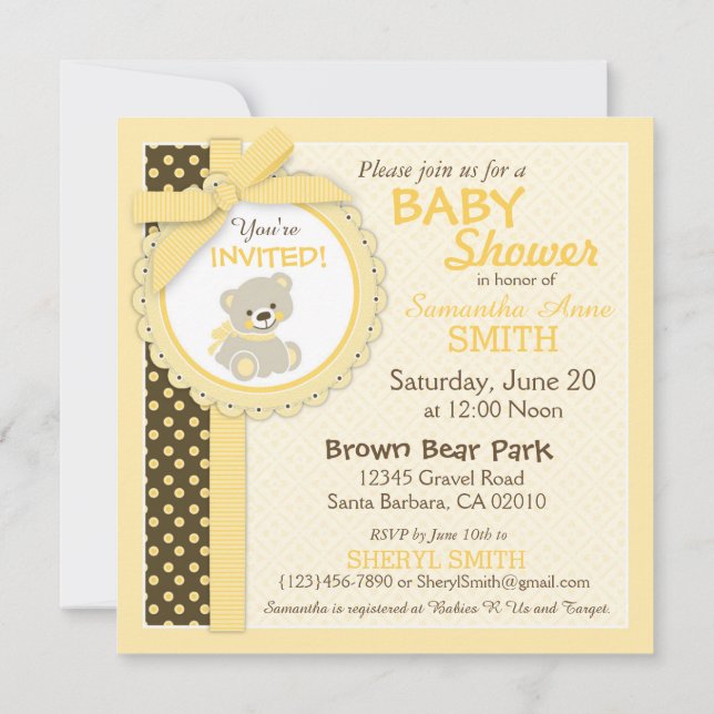 Invitación Teddy Bear Sexo Neutral Baby Shower (Reverso)