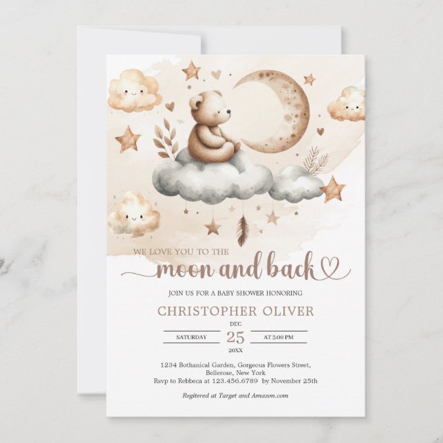 Invitación Teddy bear sitting on a cloud neutral colors (Anverso)