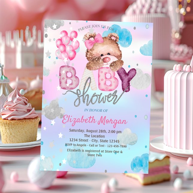 Invitación Teddy Bear Stars Nubes Holografía Baby Shower (Subido por el creador)