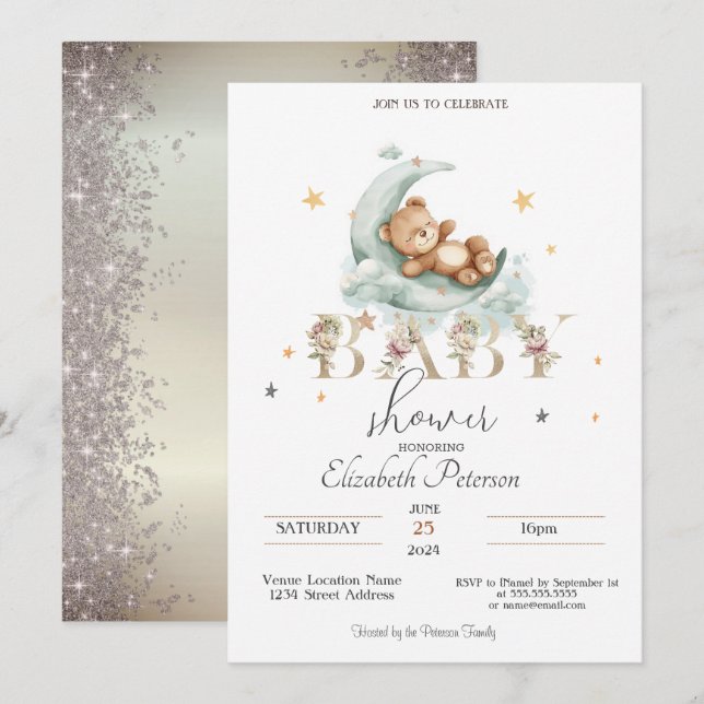 Invitación Teddy Bear Stars Purpurina Gold Baby Shower (Anverso / Reverso)