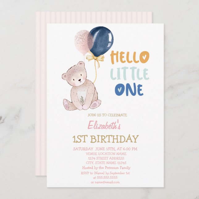Invitación Teddy Bear Striped Hello Little One Birday (Anverso / Reverso)