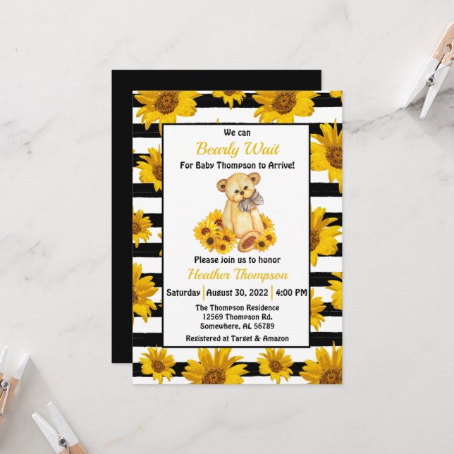 Invitación Teddy Bear Sunflower Baby Shower (Anverso/Reverso In Situ)