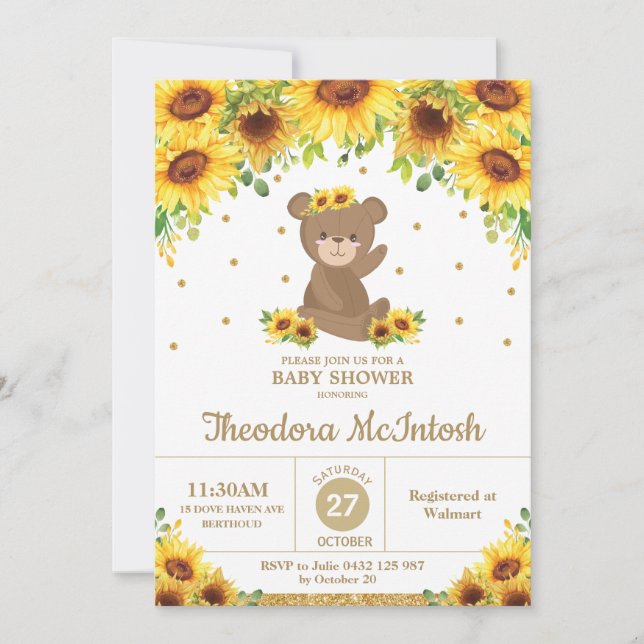 Invitación Teddy Bear Sunflower Floral Baby Shower Chica (Anverso)