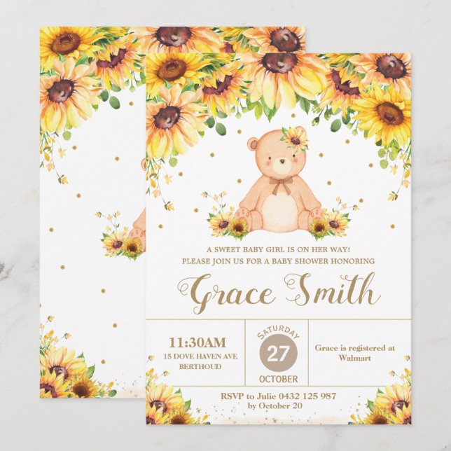 Invitación Teddy Bear Sunflower Floral Baby Shower Chica Invi (Anverso / Reverso)