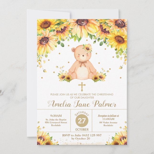 Invitación Teddy Bear Sunflower Floral Christening Baptismo (Anverso)