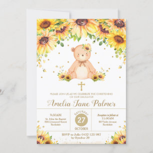 Invitación Teddy Bear Sunflower Floral Christening Baptismo