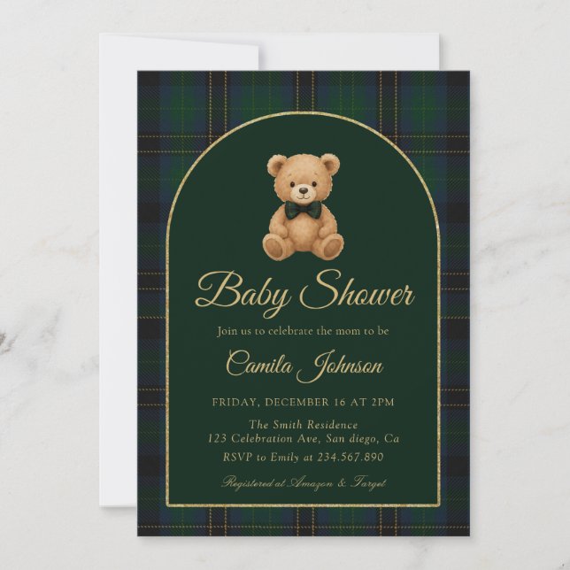 Invitación Teddy Bear Tartan Preppy Baby Shower Invitation (Anverso)